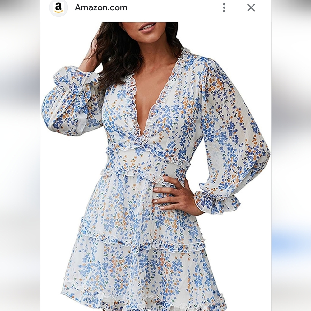 Blue and White Ruffled Tiered Mini Dress
